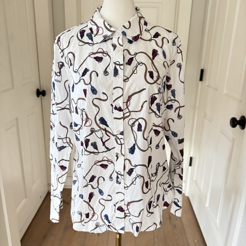 Talbots Top Womens 10 White Tassel Print Non Iron Button Up Shirt Office Career